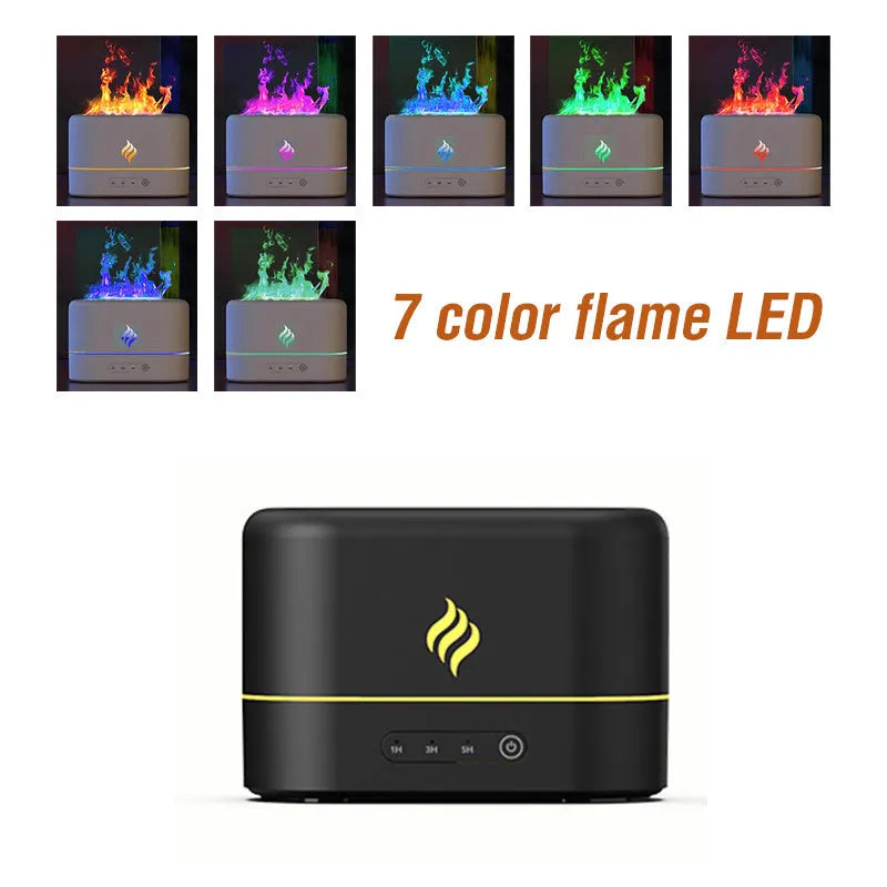 Black USB mist humidifier with seven-colour flame effect on wooden table