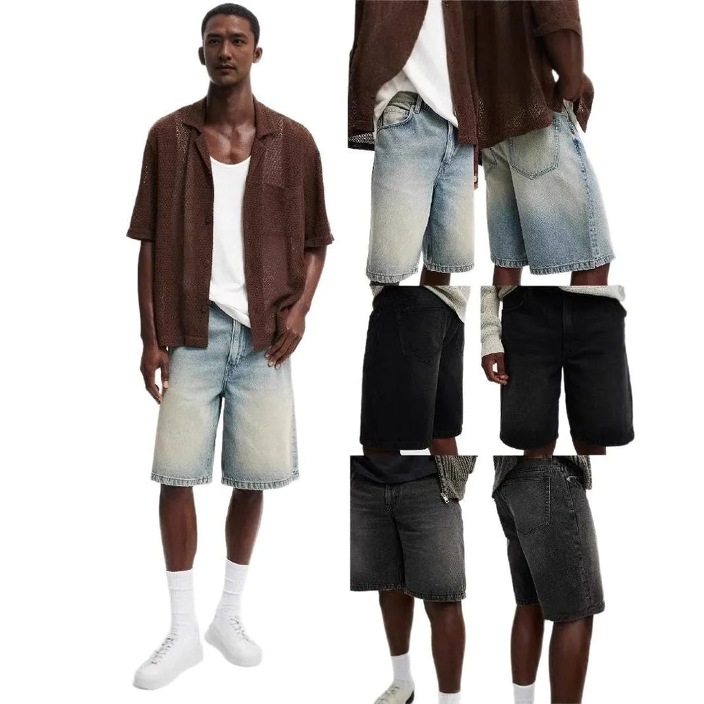 Men's loose straight-leg cotton denim trousers in light blue, black, and grey colour options