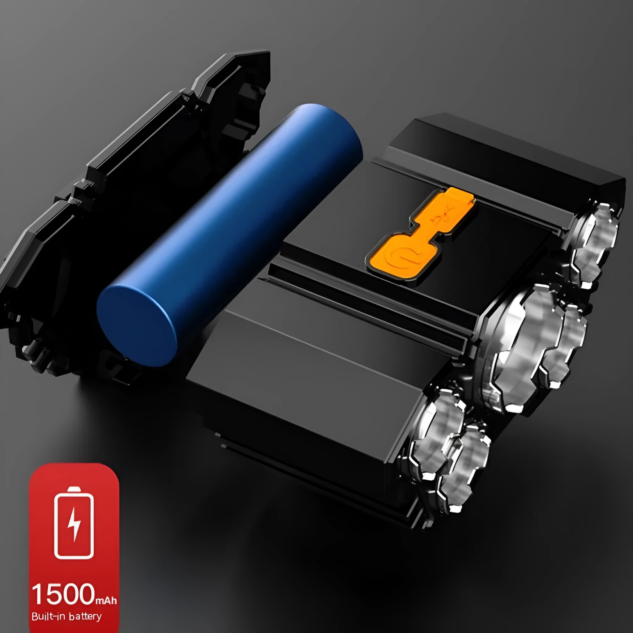 Head-mounted LED miner's lamp flashlight with adjustable strap and included data cable on a colour box