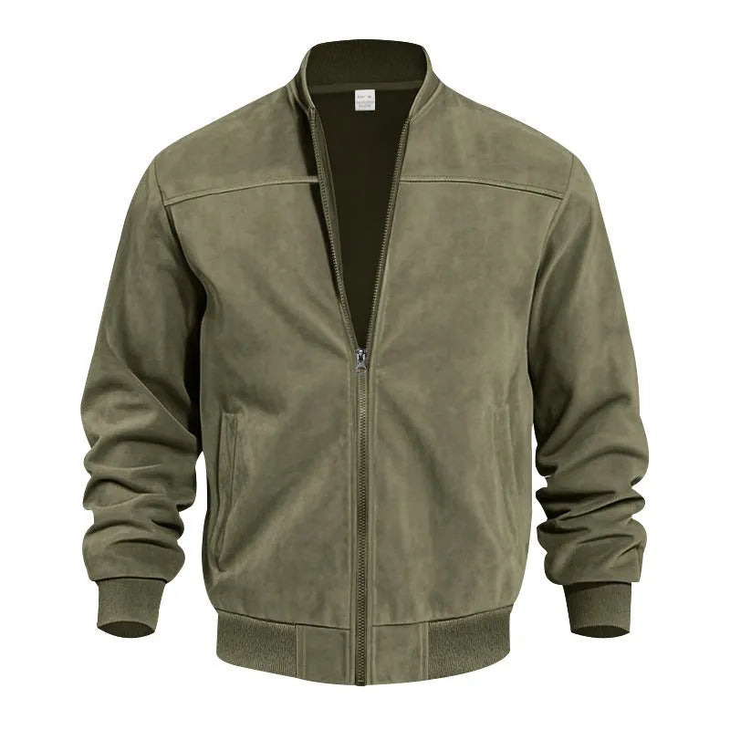 Men's plus size casual suede zip jacket in army green shown on a model