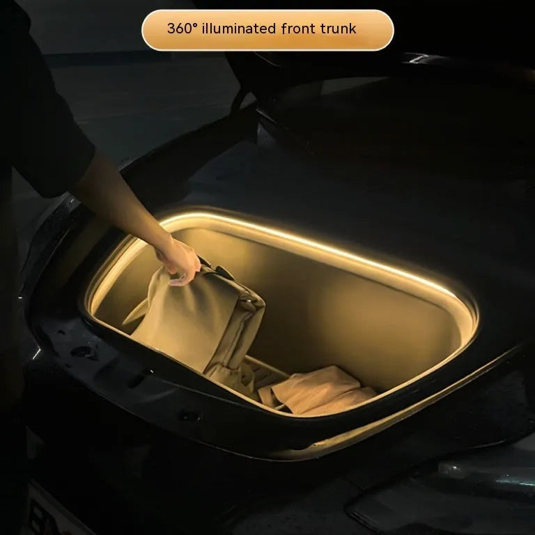 Tesla Model 3 and Y front backup box ambience light kit with soft silicone light bar in three colour options.