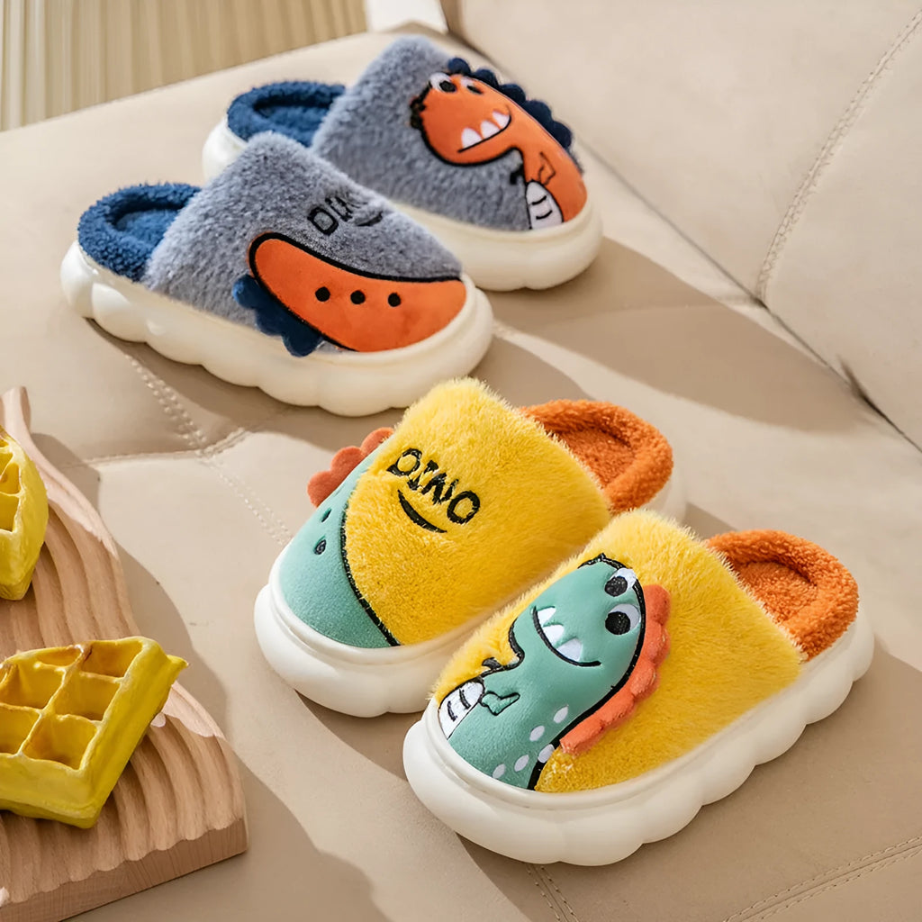 Cotton plush couple slippers with dinosaur print in grey, coffee or orange, sizes 36-45
