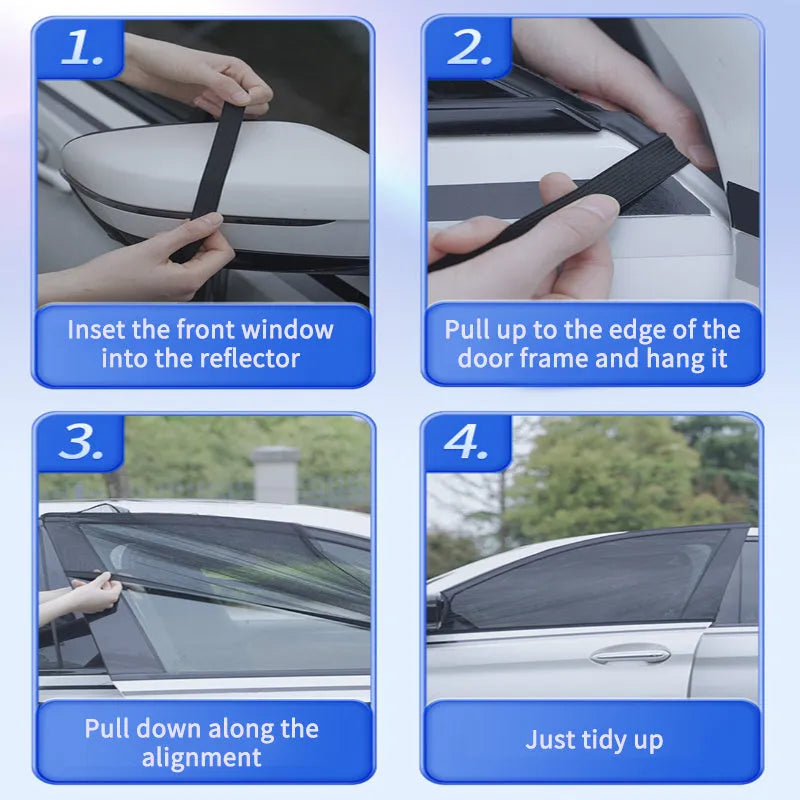 Car side window mesh sunshade with elastic fixation providing sun protection and mosquito prevention