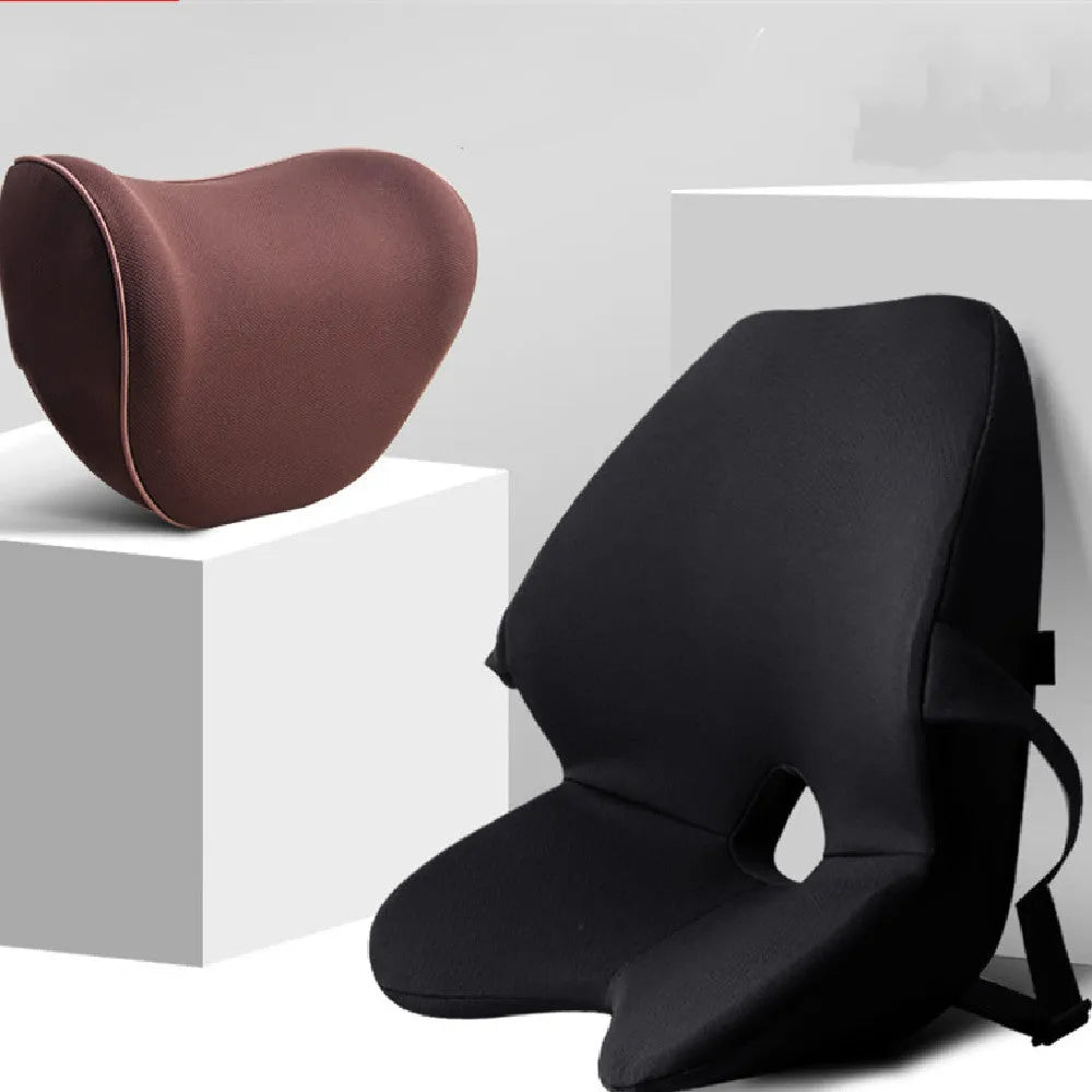 Car seat waist cushion with memory foam padding in beige colour, shown alongside a black version with headrest
