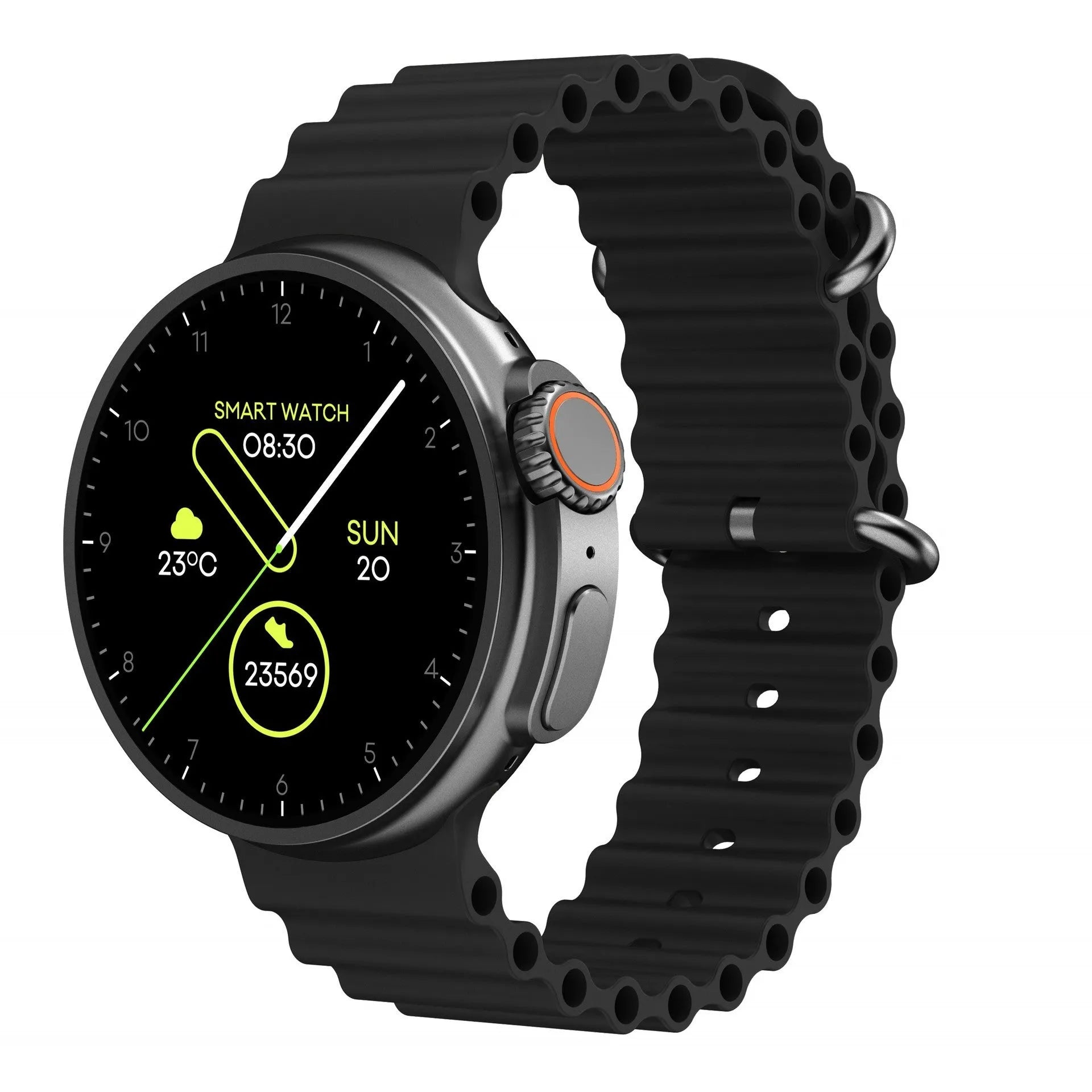 K9 smart watch with black silicone strap and round screen displaying fitness stats.