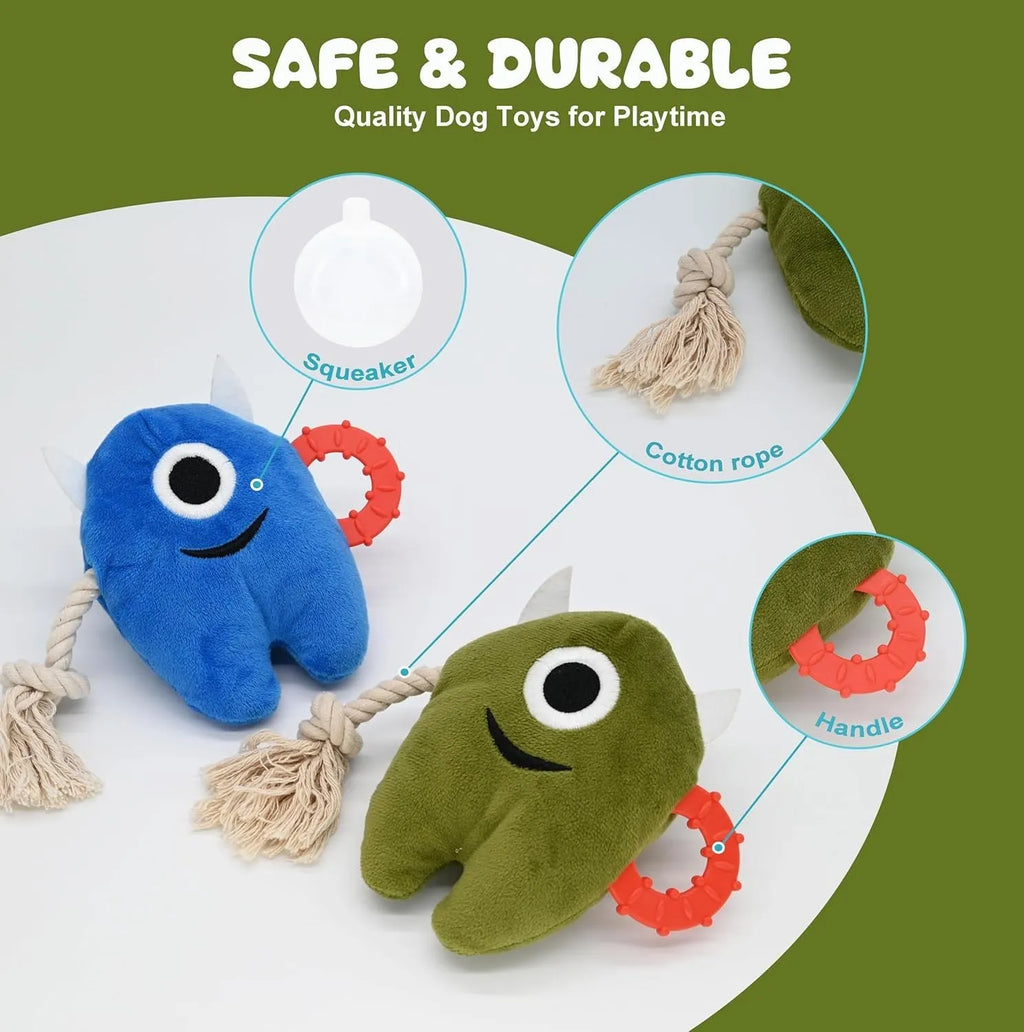 Blue and green monster dog toys with plush bodies and cotton rope limbs.