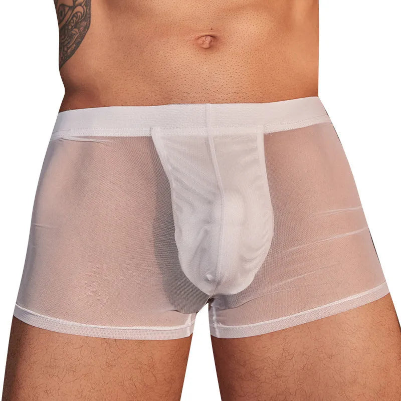 Men's black and white ultra-thin nylon boxer briefs shown flat.