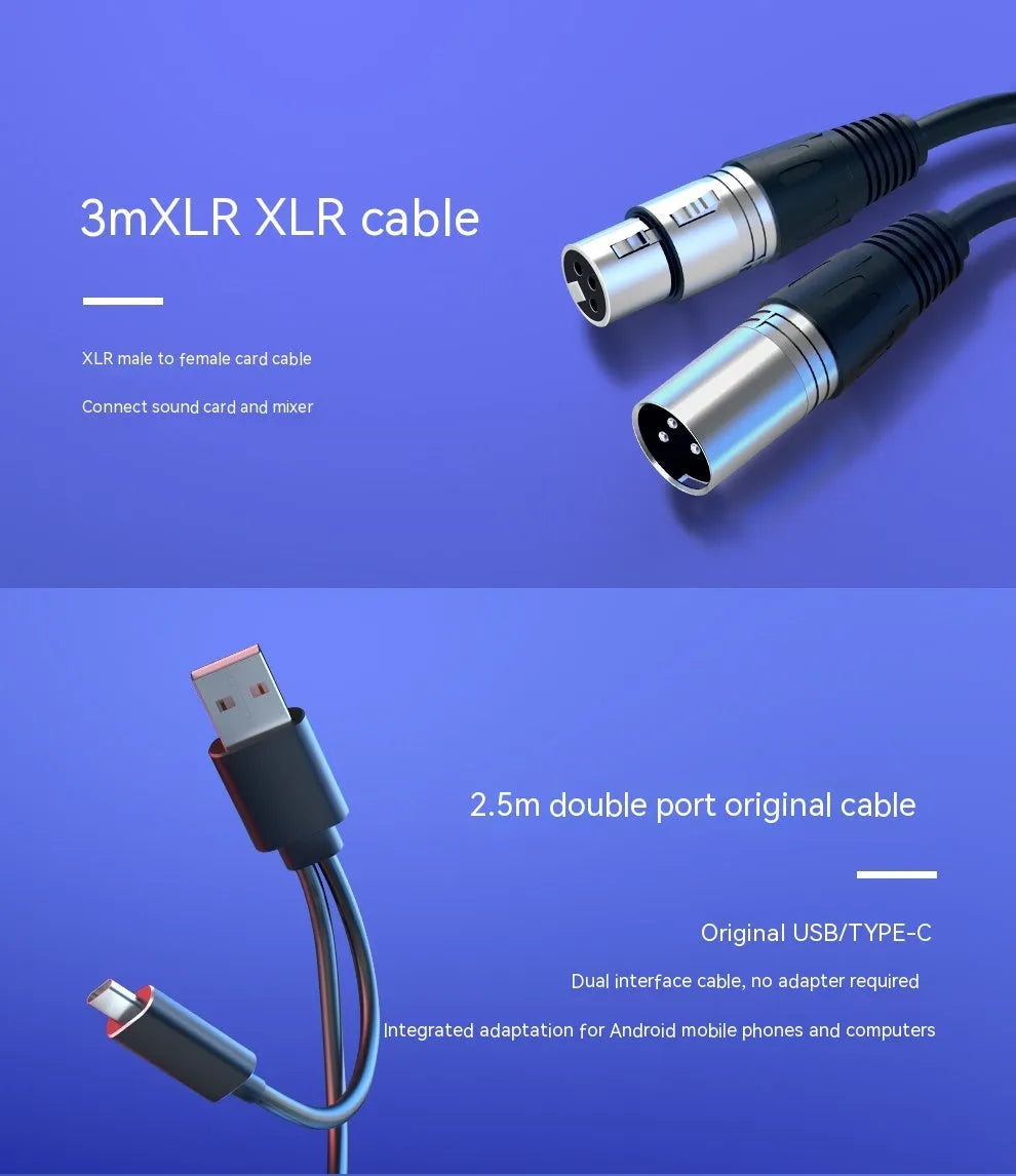 Dynamic noise reduction microphone in black colour with XLR cable, USB cable, and black desk base bracket.