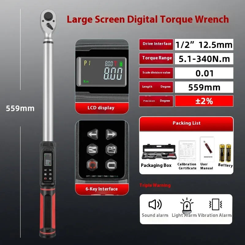 Digital display torque wrench with chrome-vanadium steel construction and triple warning indicators