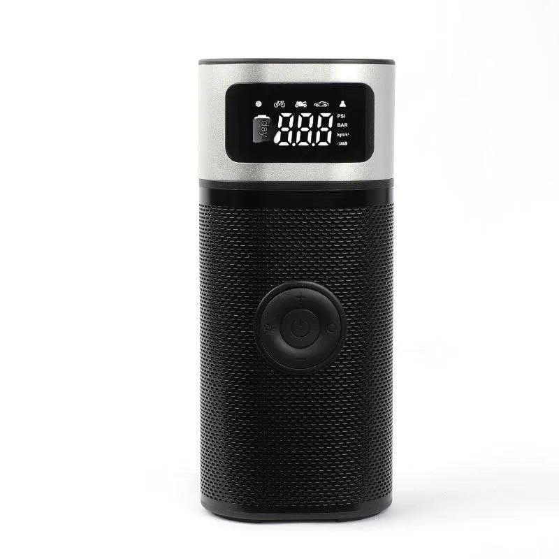 Black portable wireless air pump with USB charging cable and multiple nozzles including bicycle, swimming circle and ball attachments