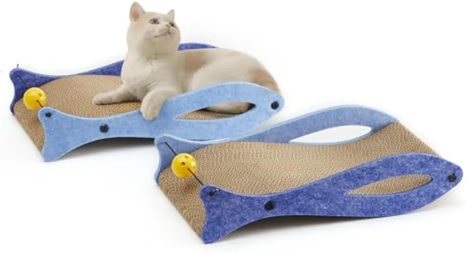 Blue fish-shaped cat scratcher with bell ball toys on elastic cord for scratching and play