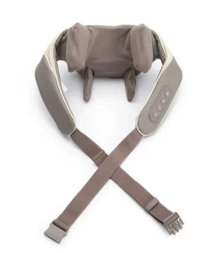 Creamy white rechargeable shoulder and neck massage instrument with USB cable.