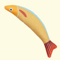 Soft plush saury fish cat kicker toy with organic catnip filling in green, orange, or yellow colours