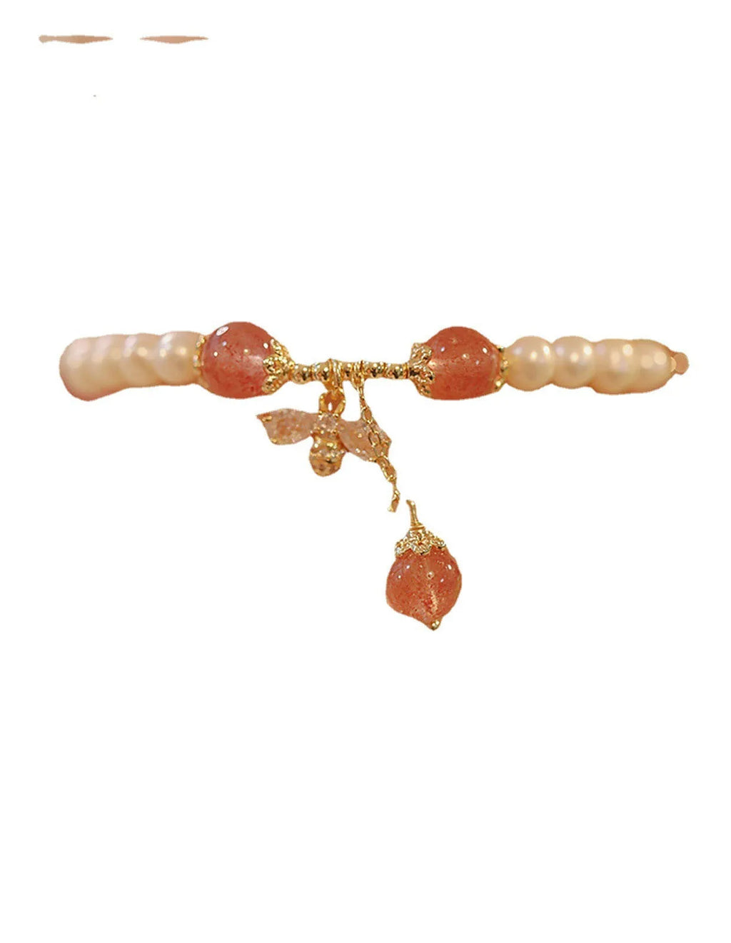 Strawberry quartz colour crystal bracelet with bow and stringed pearls.