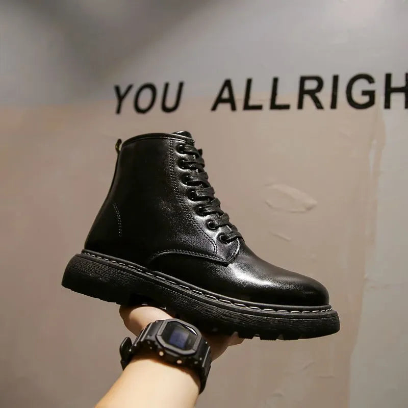 Men's black Dr Martens platform ankle boots with a side zipper on a frosted cowhide upper.