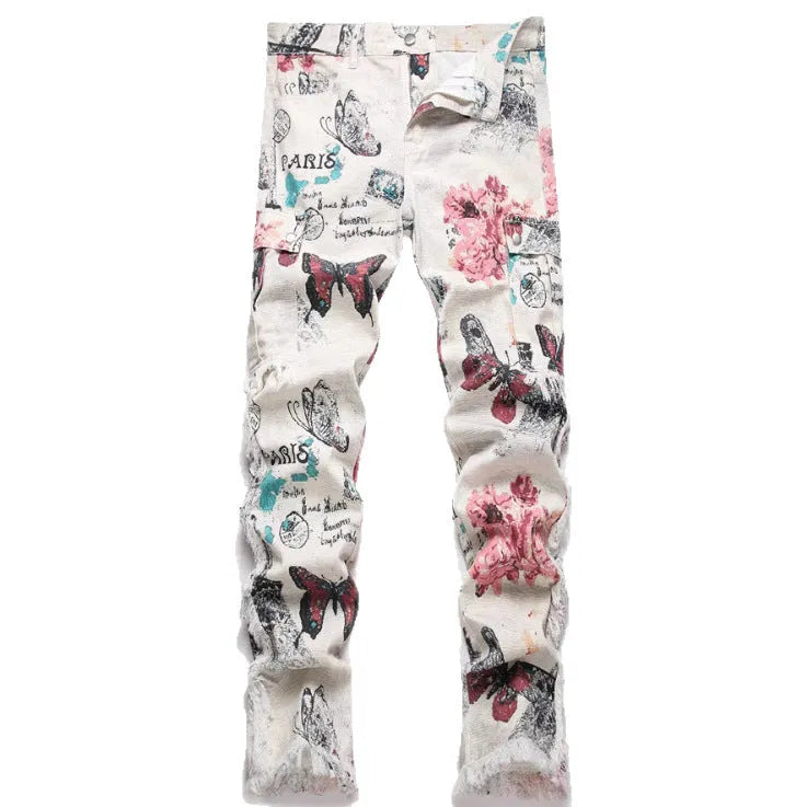 Men's animal digital print slim fit denim trousers, mid waist, zip placket, available in multiple sizes