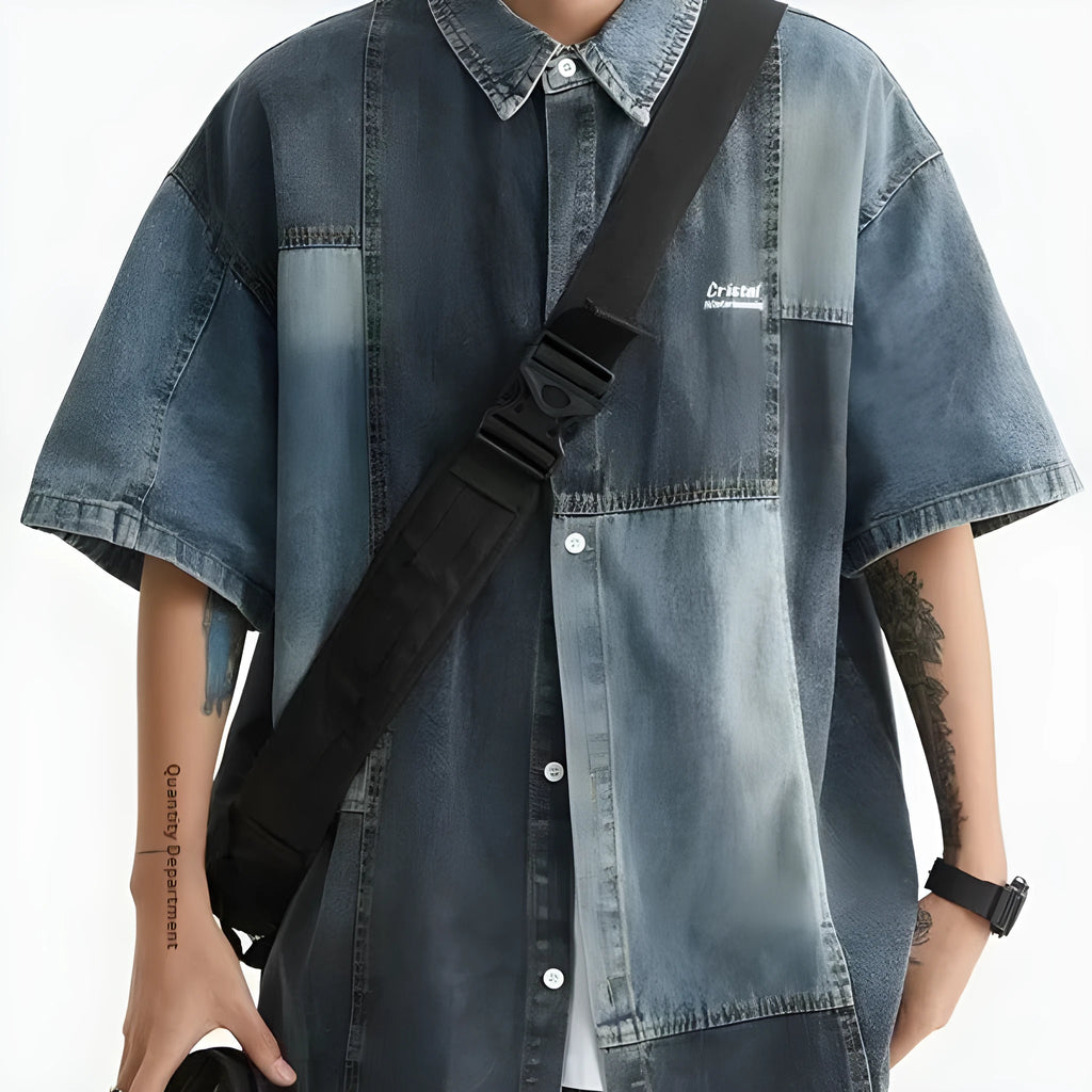 Blue denim shirt with Japanese retro washed stitching detail in loose cardigan fit for men