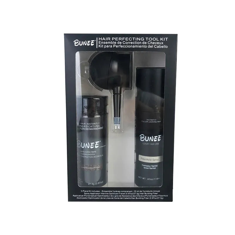 Dense hair fibre 275g three-piece kit including powder canister, special nozzle, and shaping spray bottle.