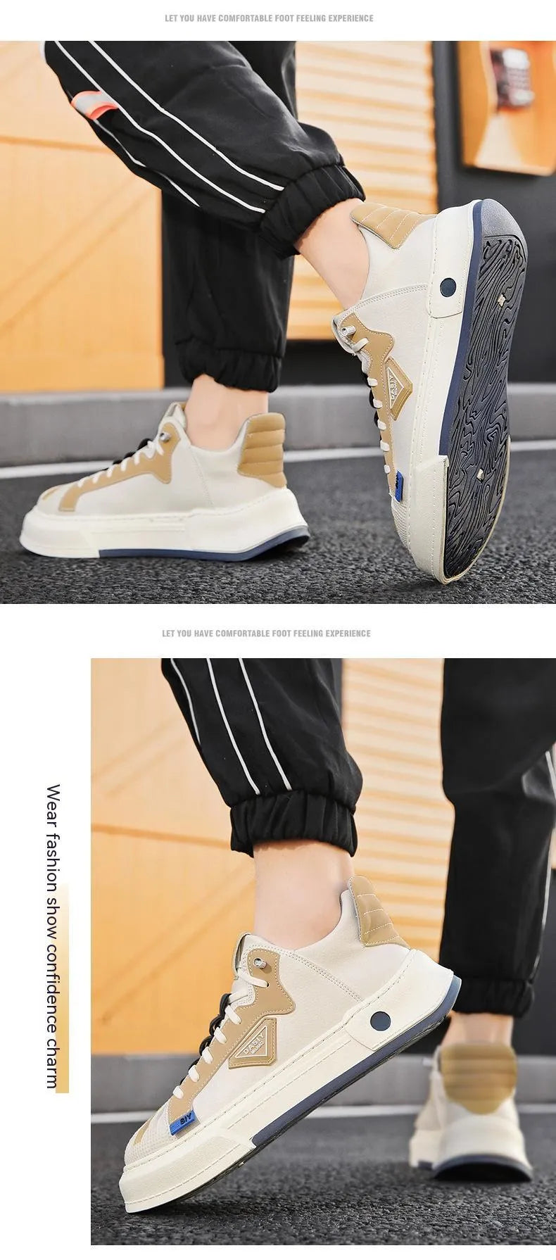 Men's beige low-top casual sneakers with an elastic band and leather stitching detail.