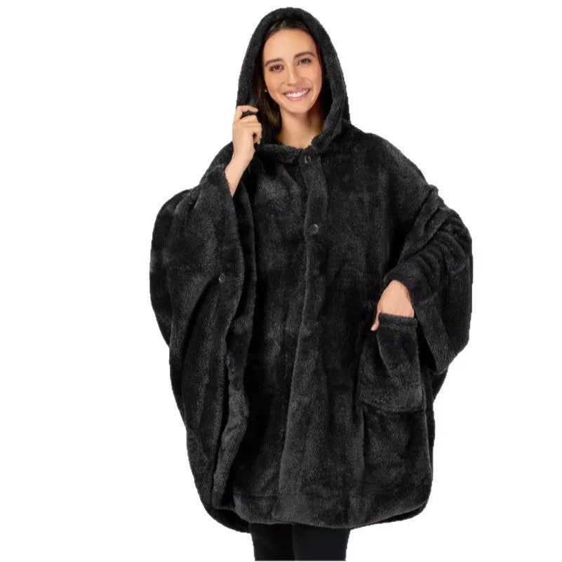 Thickened hooded bathrobe in polyester shown in black, dark grey and pink colour options