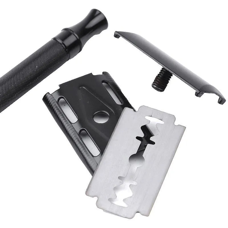 Traditional manual pogonotomy metal shaver and brush set for old-fashioned wet shaving