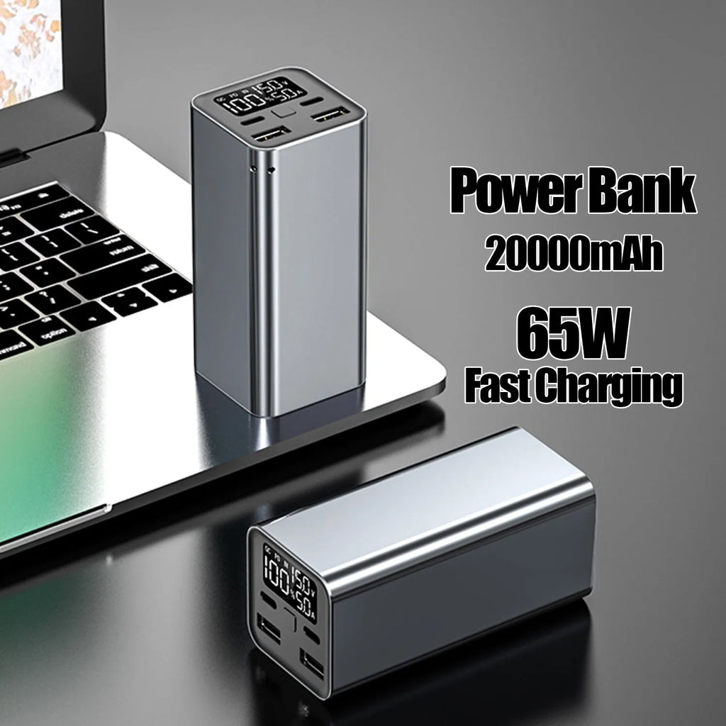 65W 20000mAh metal laptop charging bank in black showing dimensions and USB ports