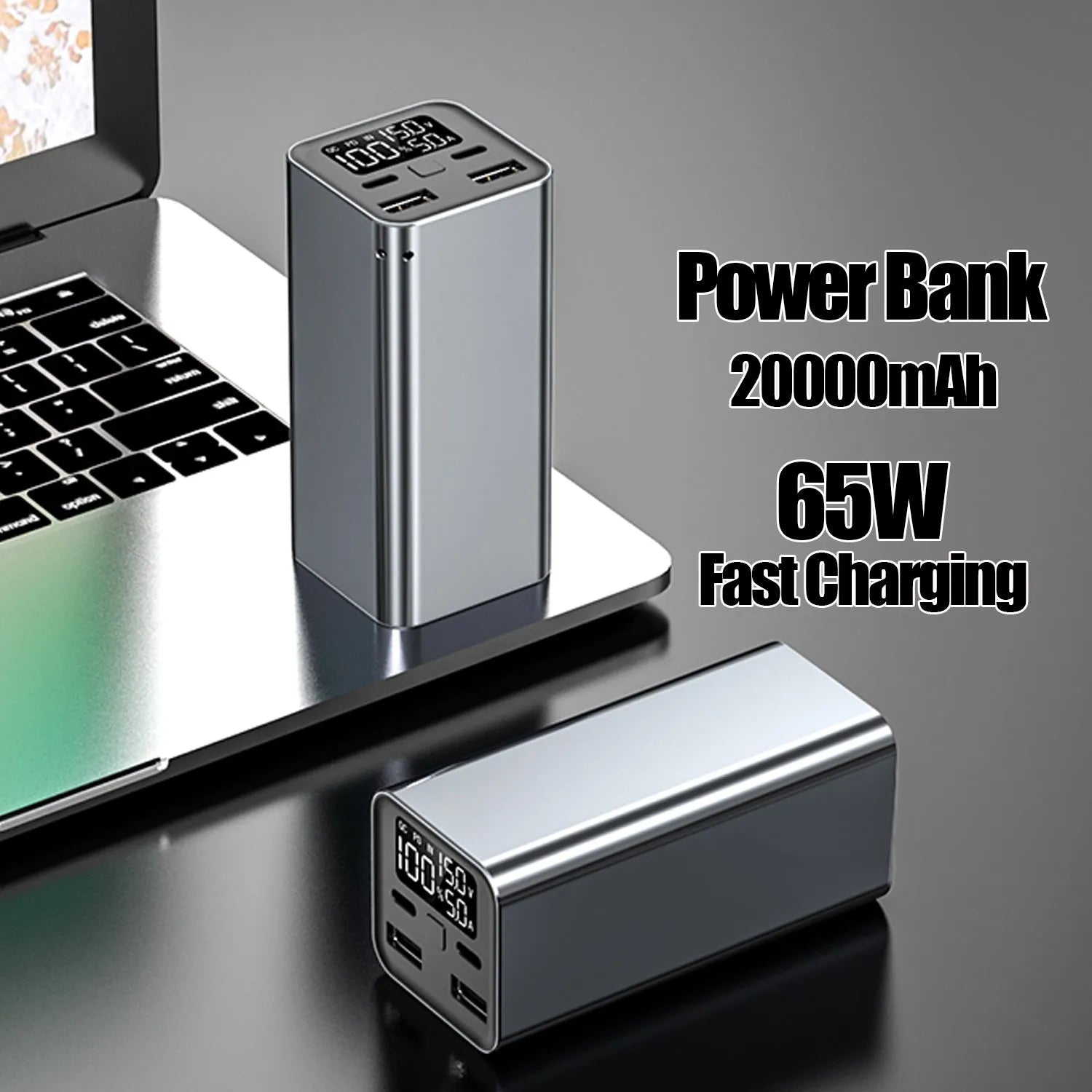 65W 20000mAh metal laptop charging bank in black showing dimensions and USB ports