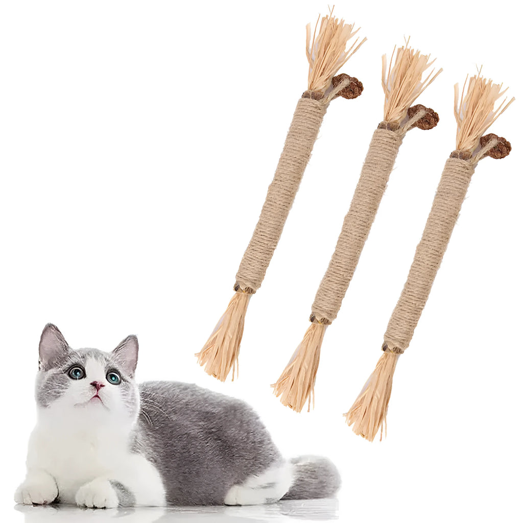 Three natural silvervine sticks for cats dental chew toys showing thick and fine diameter options
