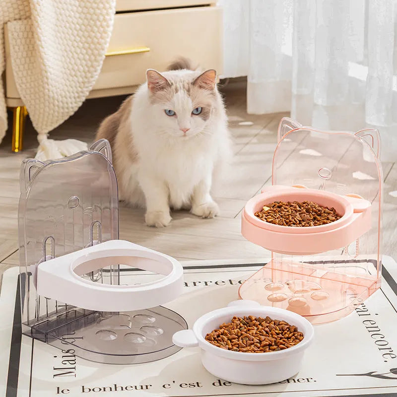 Grey cat ear design anti spill pet feeding bowl with adjustable height and removable hanging cage