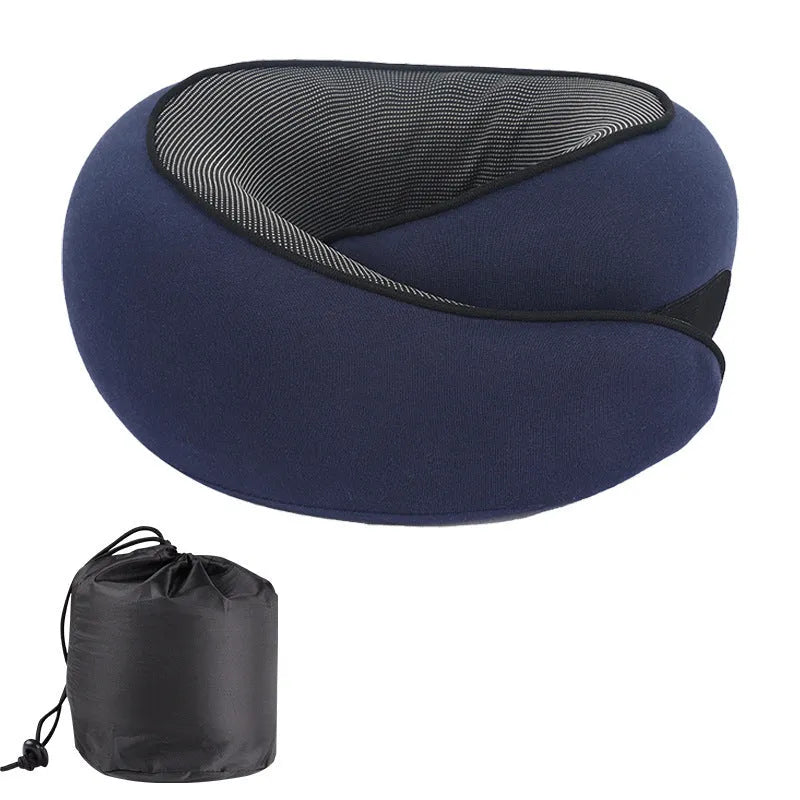 U-shaped memory foam travel neck pillow with storage bag in four colour options.