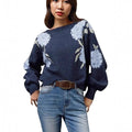 Sapphire blue women's pullover top with flower jacquard pattern and off neck design