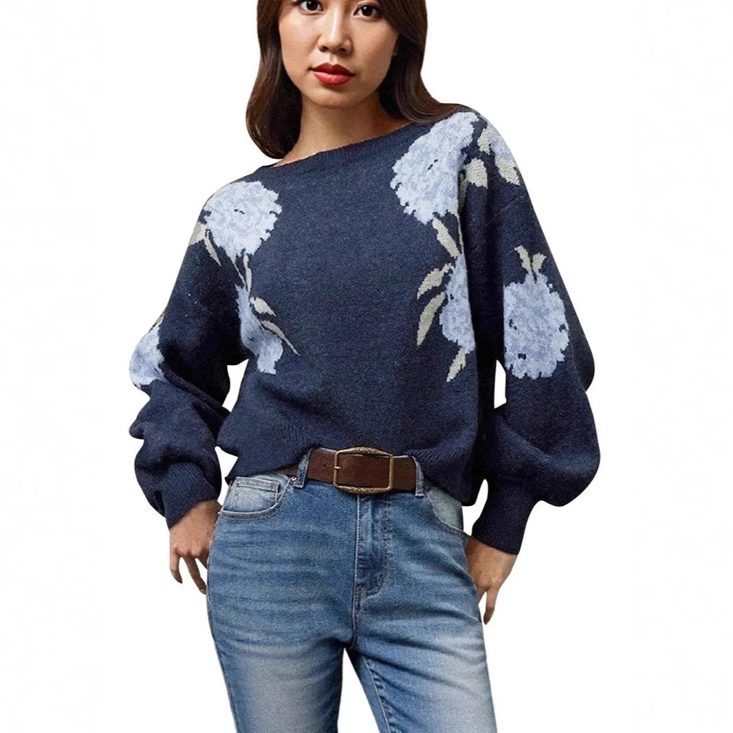 Sapphire blue women's pullover top with flower jacquard pattern and off neck design