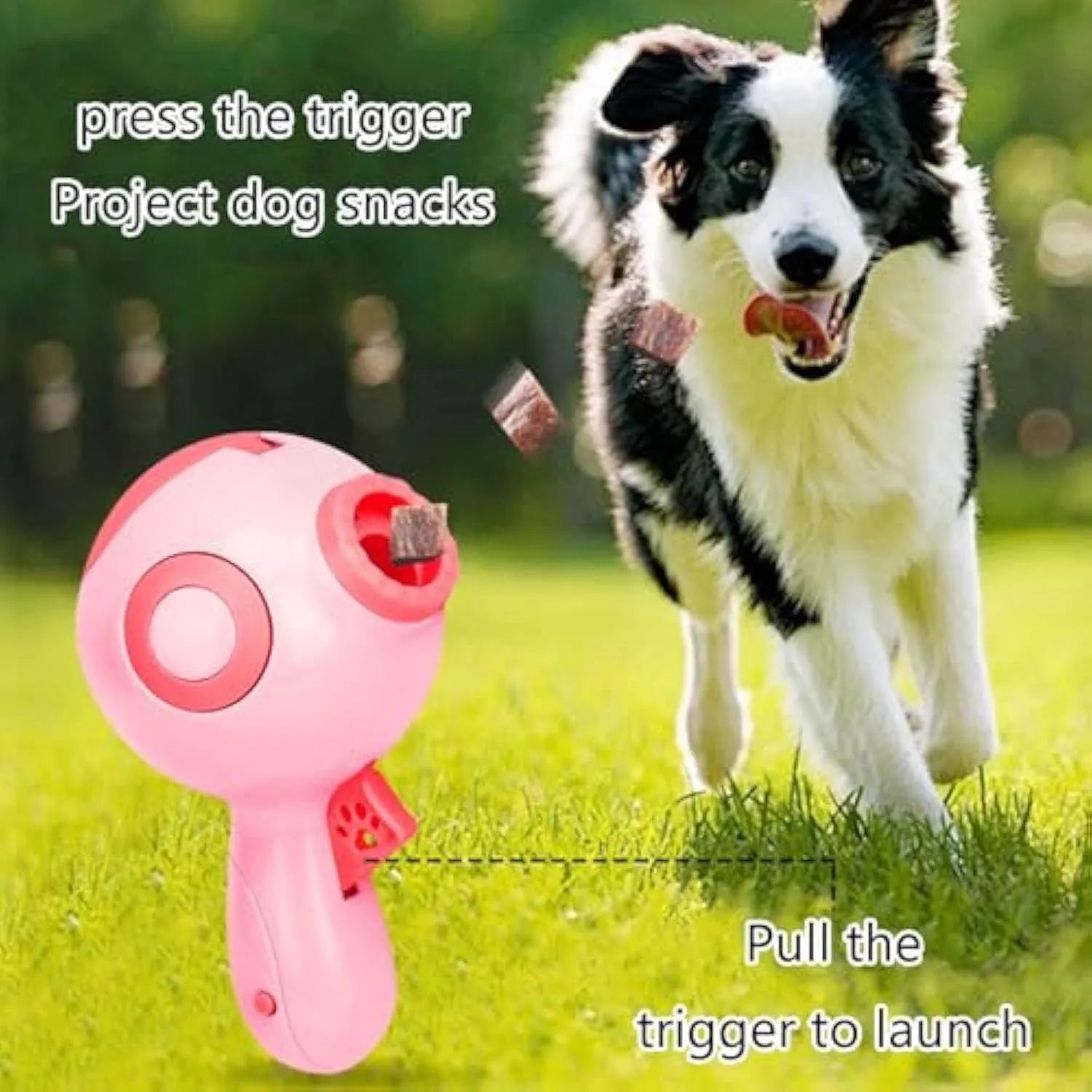 Green, orange or pink plastic dog treat launcher toy measuring 15.5cm with food dispensing and training functions