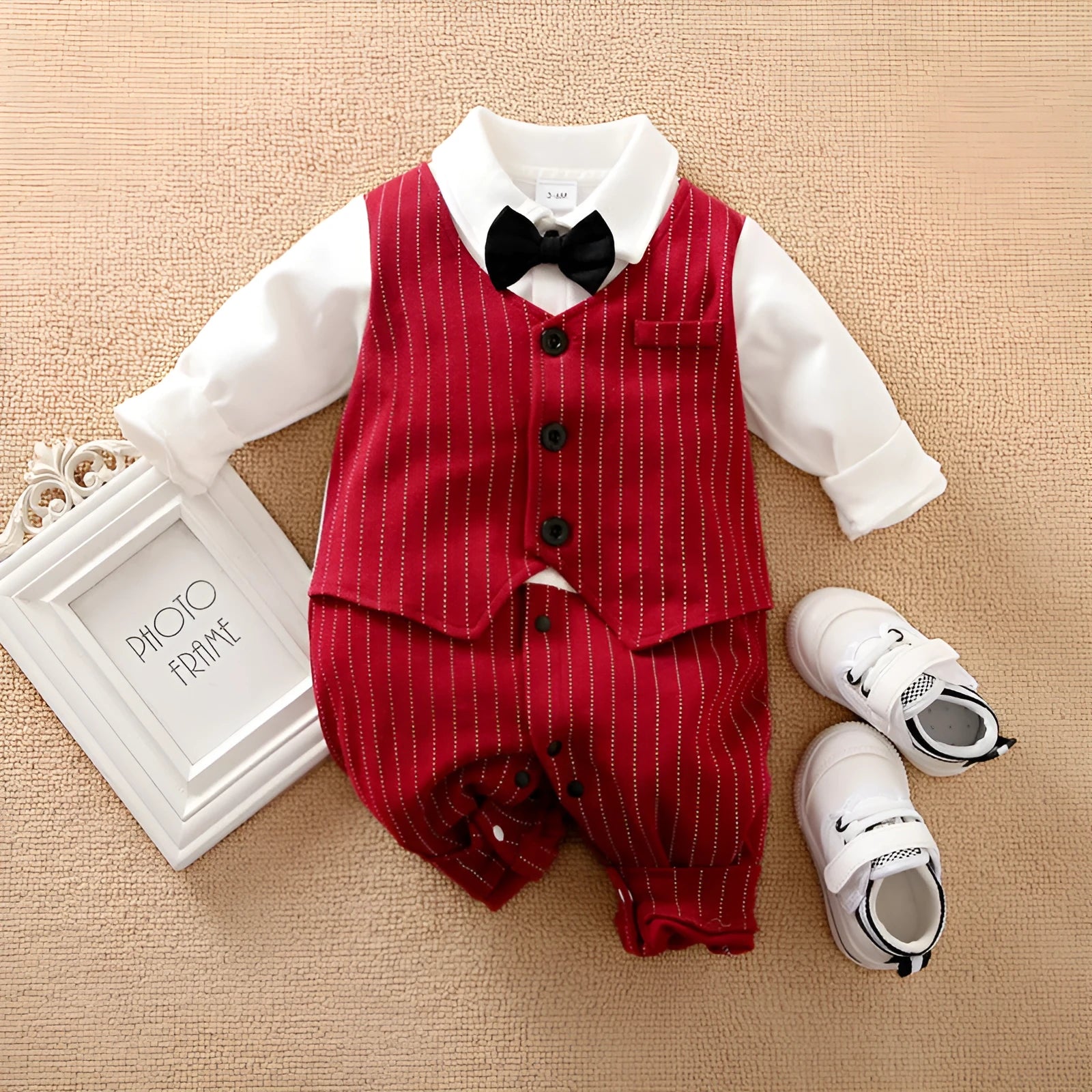 Wine red cotton baby boy romper with long sleeves and single-breast closure, shown in a long climbing style.