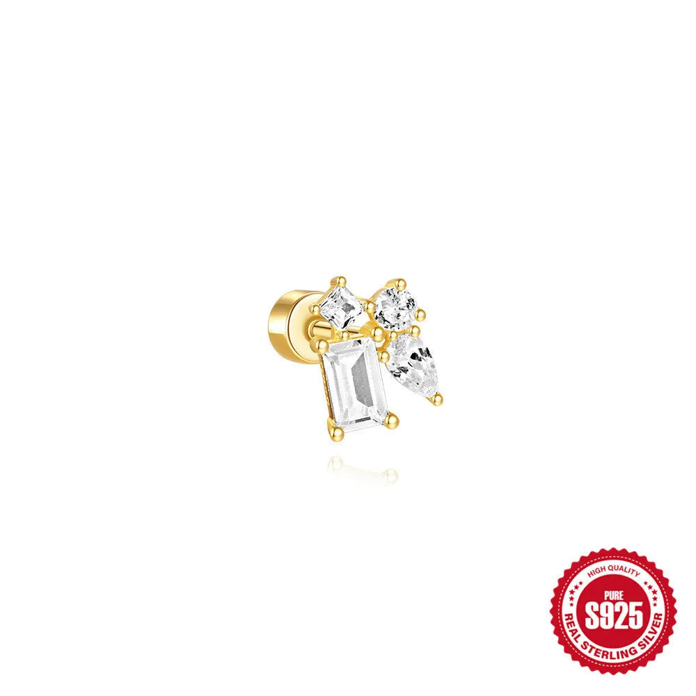 S925 sterling silver geometric ear bone stud with gold plating and threaded post