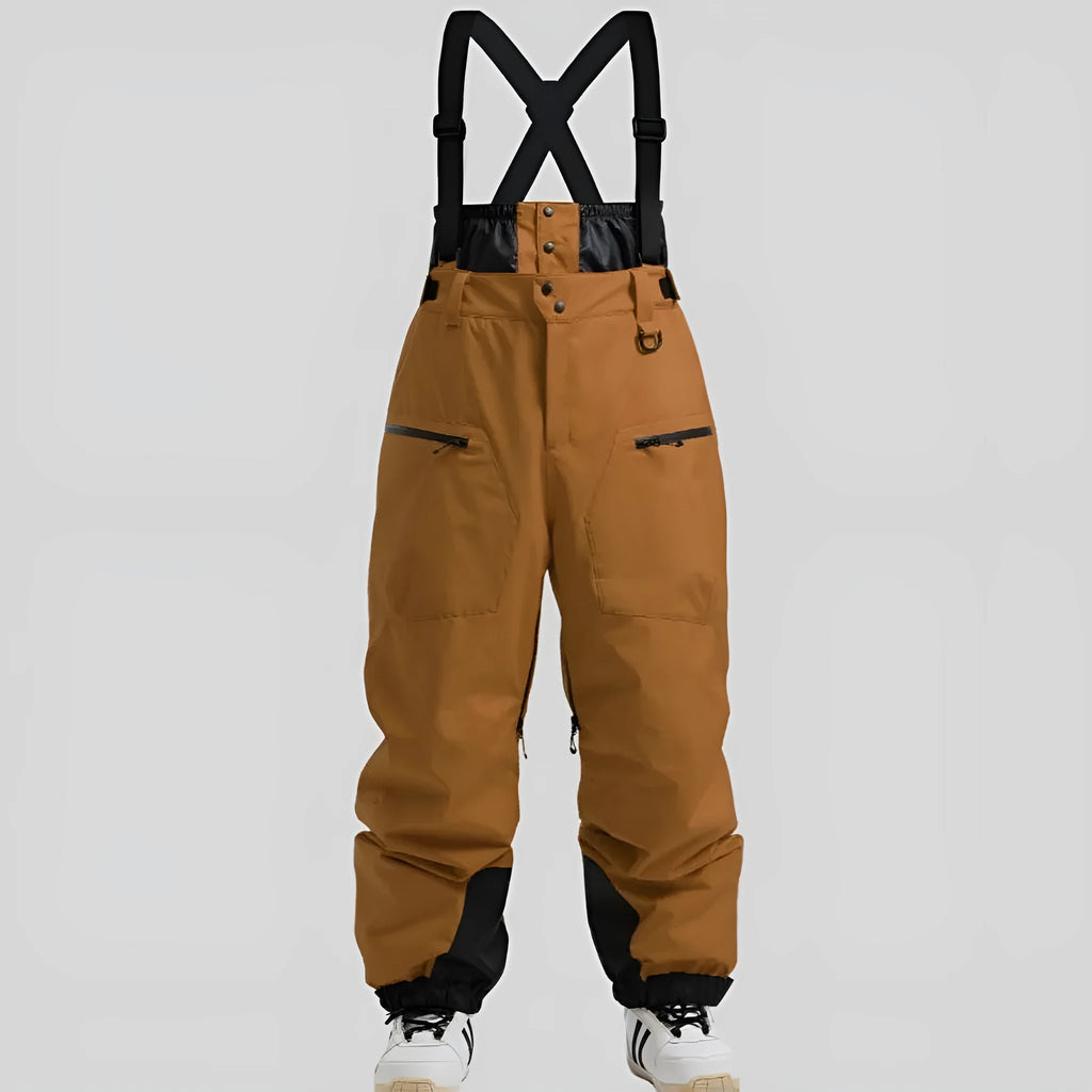 Men's black ski pants with thickened waterproof straps made from flame-retardant linen fabric