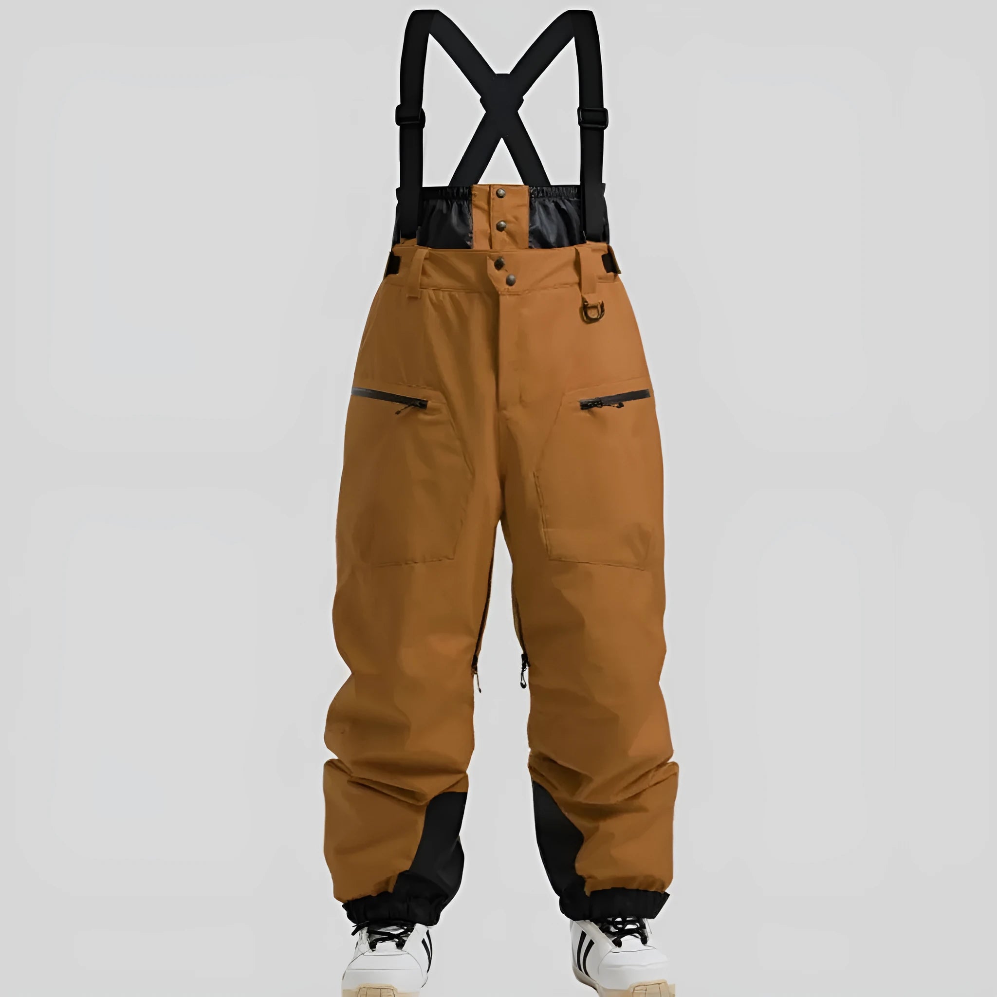Men's black ski pants with thickened waterproof straps made from flame-retardant linen fabric