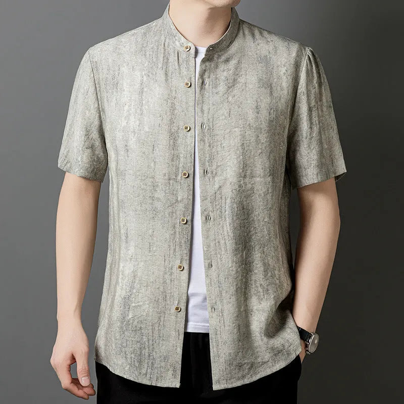Men's loose grey cardigan shirt with stand collar and short sleeves on a hanger