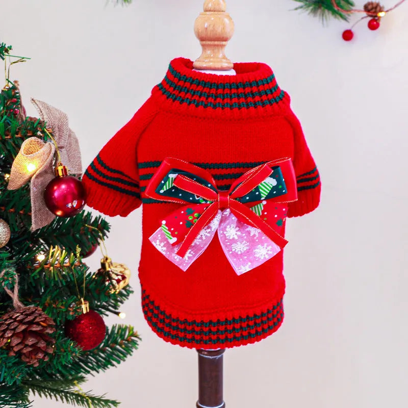 Red and green polyester dog Christmas jumper shown in sizes XS, S, M, L, and XL for dogs 1kg to 9kg.