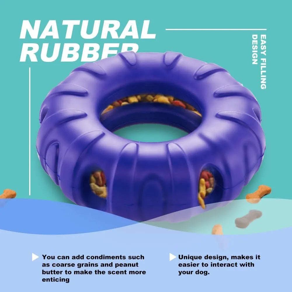 Blue natural rubber tyre-shaped dog chew toy and slow feeder with six oval openings.