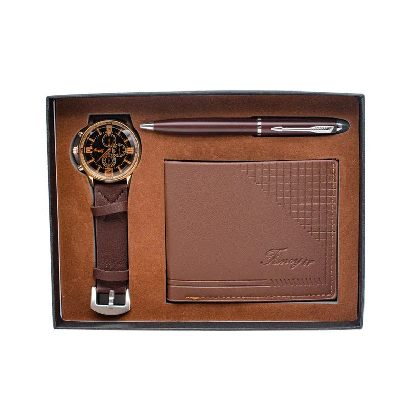 Creative holiday gift set with wallet, pen, and watch in black or brown modern simplicity styling