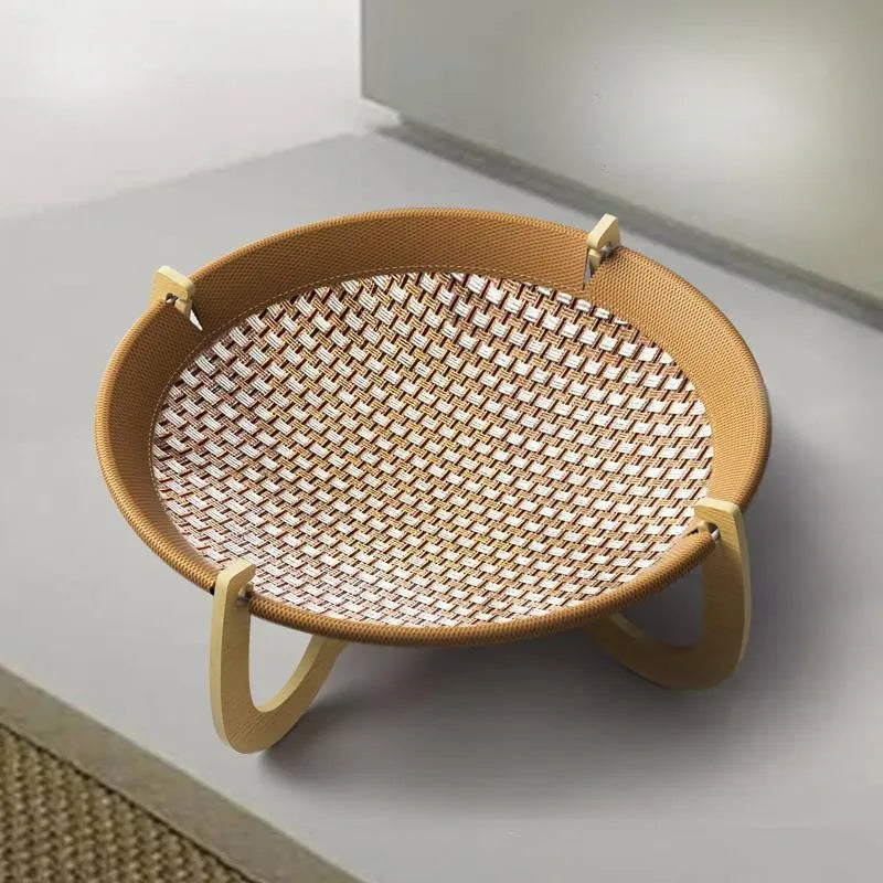 Brown woven rattan pet hammock measuring 46x46x17.5cm for cats and small dogs