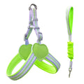 Nylon dog walking chest harness and rope leash in pink, blue, yellow, or green.
