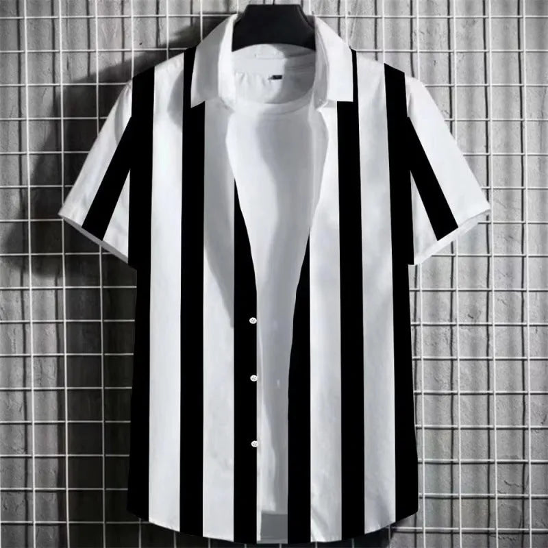 Men's striped linen short sleeve t-shirt with 3D printing texture, laid flat.