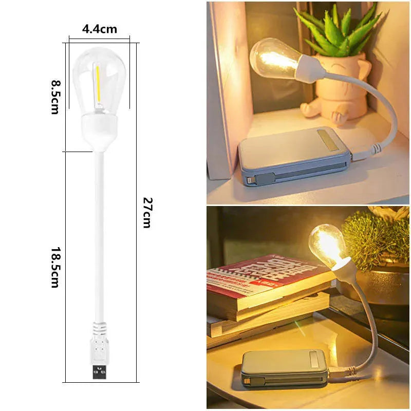 A folding USB rechargeable night light with a warm white tungsten filament S14 bulb visible.