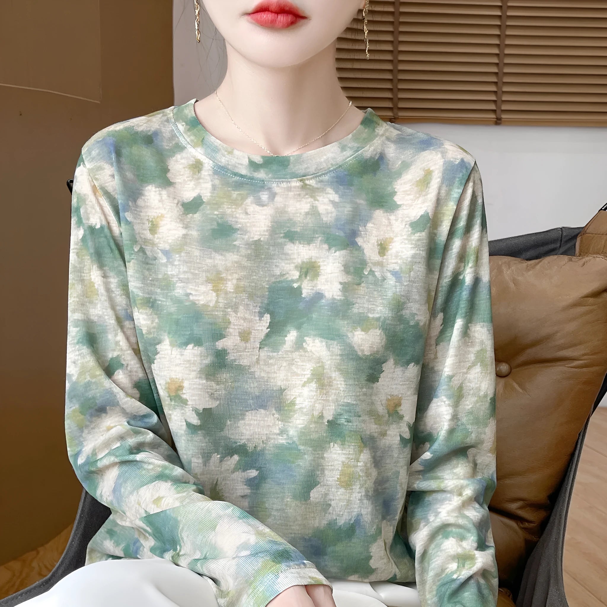 Round neck Tencel Cotton pullover shirt with floral printed design in regular sleeve style