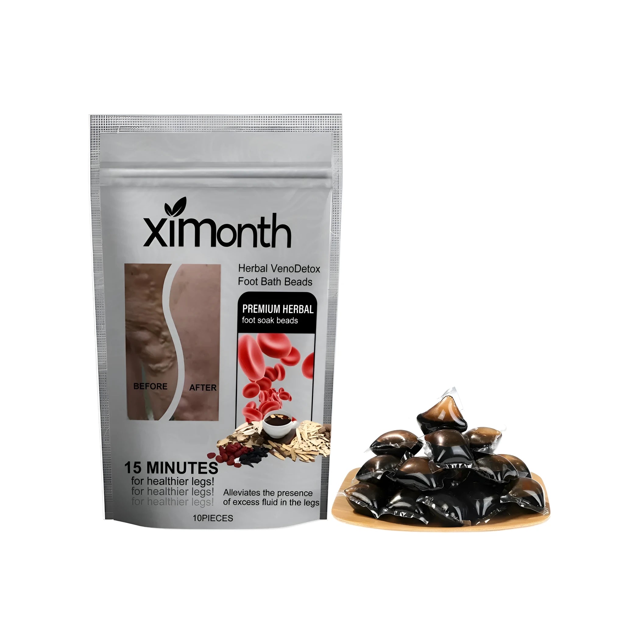 Pack of 10 concentrated foot soak gel beads containing mugwort root and bee venom ingredients.