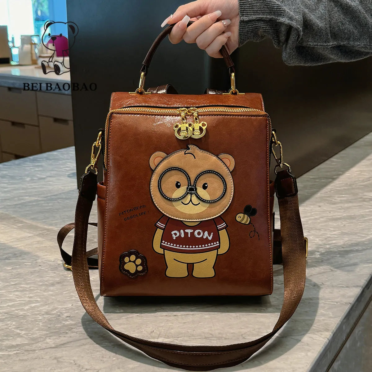 Cartoon bear female large capacity retro sling backpack in creamy-white with sewing line detail
