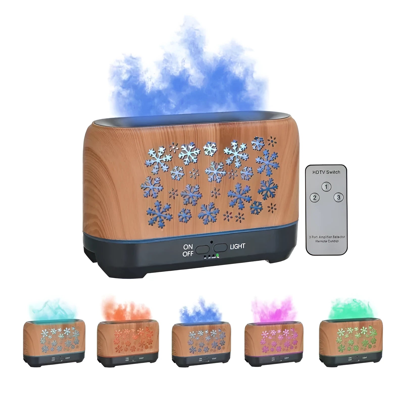 Colourful snowflake wood grain desktop humidifier with remote control and flame lighting effect