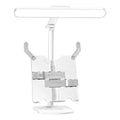 Adjustable desk lamp with a small attached shelf, showing three light temperature settings and a rechargeable battery.